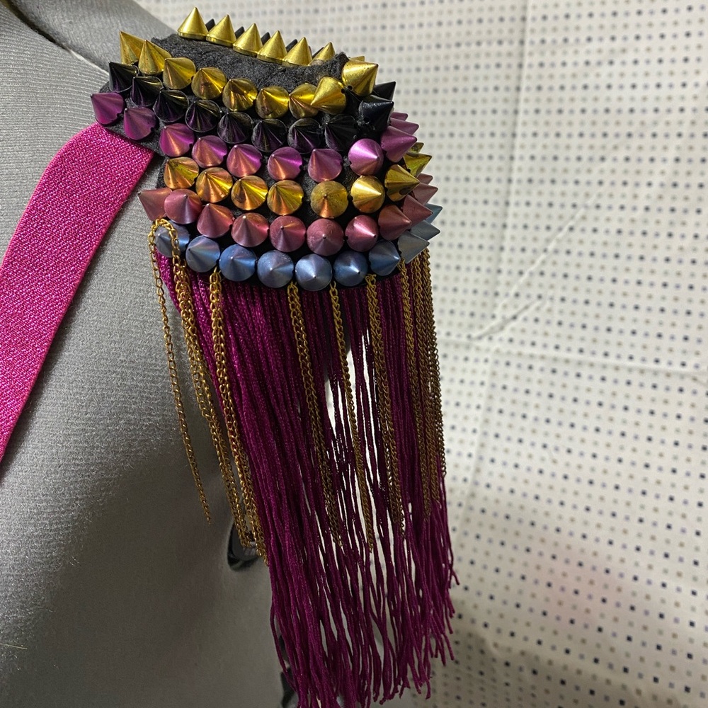 Custom Rave Epaulettes on pink suspenders